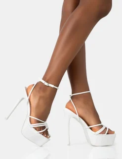 Public Desire Afterhours Patent Strappy Platform Square Toe Stiletto Heels White Hot