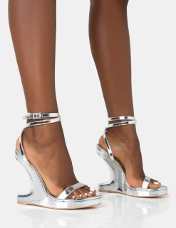 Public Desire A-List Mirror Barley There Wrap Around Platform Cut Out Wedge Heels Silver Cheap