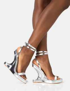 Public Desire A-List Mirror Barley There Wrap Around Platform Cut Out Wedge Heels Silver Cheap