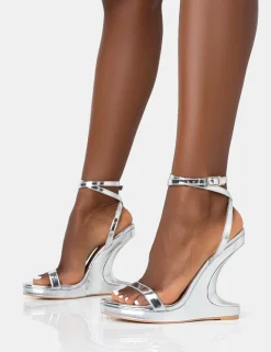 Public Desire A-List Mirror Barley There Wrap Around Platform Cut Out Wedge Heels Silver Cheap
