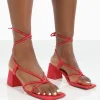 Public Desire Aloha Lace Up Block Mid Heeled Sandals Red Store