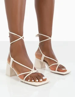 Public Desire Aloha Lace Up Block Mid Heeled Sandals Ecru New