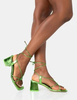 Public Desire Aloha Metallic Lace Up Block Mid Heeled Sandals Green Clearance