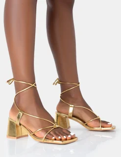 Public Desire Aloha Pu Lace Up Block Mid Heeled Sandals Gold Discount