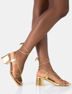 Public Desire Aloha Pu Lace Up Block Mid Heeled Sandals Gold Discount