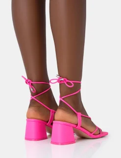 Public Desire Aloha Pu Lace Up Block Mid Heeled Sandals Neon Pink Best