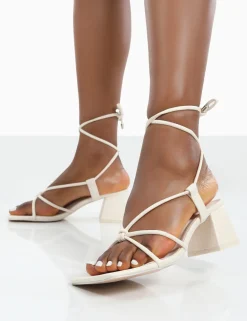 Public Desire Aloha Wide Fit Lace Up Block Mid Heeled Sandals Ecru Hot