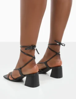Public Desire Aloha Wide Fit Lace Up Block Mid Heeled Sandals Black New