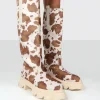 Public Desire Amber X Genius Cow Print Platform Knee High Chunky Sole Boot Multi New