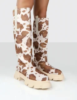 Public Desire Amber X Genius Cow Print Platform Knee High Chunky Sole Boot Multi New