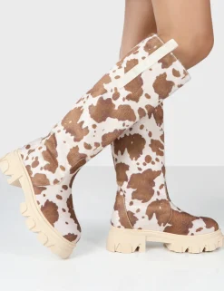 Public Desire Amber X Genius Cow Print Platform Knee High Chunky Sole Boot Multi New