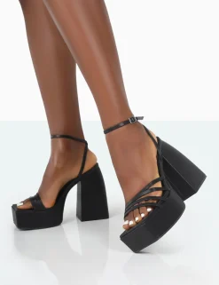 Public Desire Amerie Pu Chunky Square Toe Platform Block Heels Black Sale
