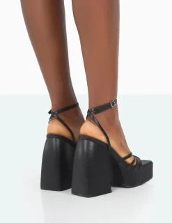 Public Desire Amerie Pu Chunky Square Toe Platform Block Heels Black Sale