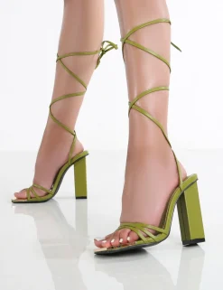Public Desire Amira Olive Pu Lace Up Block Heels Green Hot