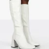 Public Desire Apology Pu Knee High Block Heel Boots White Best