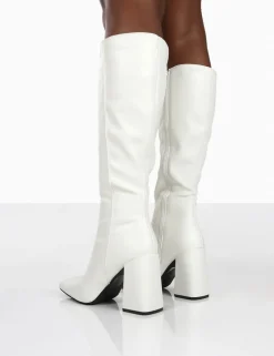 Public Desire Apology Pu Knee High Block Heel Boots White Best