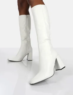 Public Desire Apology Pu Knee High Block Heel Boots White Best