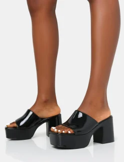 Public Desire Ariel Patent Mule Chunky Mid Platform Heels Black Store