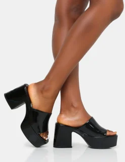 Public Desire Ariel Patent Mule Chunky Mid Platform Heels Black Store