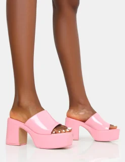 Public Desire Ariel Patent Patent Mule Chunky Mid Platform Heels Pink Clearance