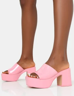 Public Desire Ariel Patent Patent Mule Chunky Mid Platform Heels Pink Clearance