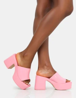 Public Desire Ariel Patent Patent Mule Chunky Mid Platform Heels Pink Clearance