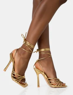 Public Desire Aspen Wide Fit Gold Knot Strap Lace Up Square Toe Stiletto Heels Cheap