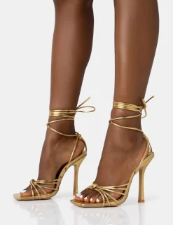 Public Desire Aspen Wide Fit Gold Knot Strap Lace Up Square Toe Stiletto Heels Cheap