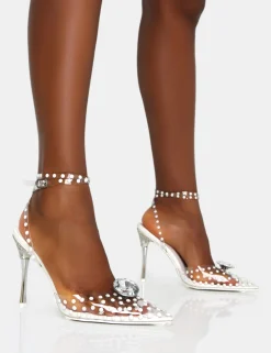 Public Desire Asscher Pearl Detail Diamante Broach Clear Perspex Wrap Around Pointed Toe Stiletto Heels White Clearance