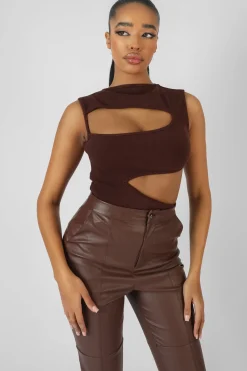 Public Desire Asymmetric Cut Away Bodysuit Chocolate Flash Sale