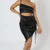 Public Desire Asymmetric Cut Out Ruched Satin Midi Dress Black Shop