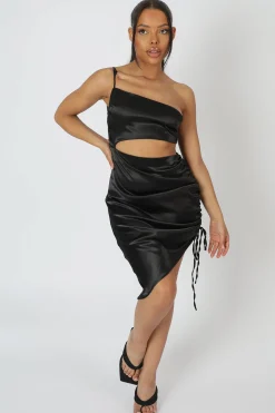 Public Desire Asymmetric Cut Out Ruched Satin Midi Dress Black Shop