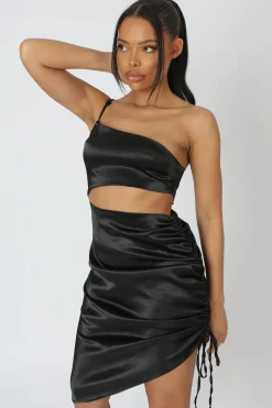 Public Desire Asymmetric Cut Out Ruched Satin Midi Dress Black Shop