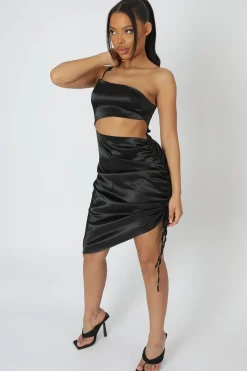 Public Desire Asymmetric Cut Out Ruched Satin Midi Dress Black Shop