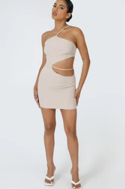 Public Desire Asymmetric Cutout Waist Strappy Mini Dress Nude Clearance