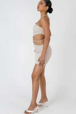 Public Desire Asymmetric Cutout Waist Strappy Mini Dress Nude Clearance