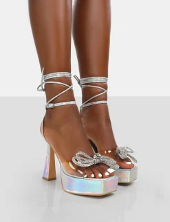 Public Desire Athena Holographic Platform Lace Up Bow Heels Silver Clearance
