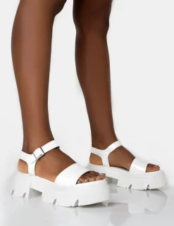 Public Desire Athens Patent Round Toe Chunky Flat Sandals White New