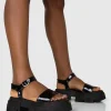 Public Desire Athens Patent Round Toe Chunky Flat Sandals Black Discount