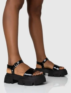 Public Desire Athens Patent Round Toe Chunky Flat Sandals Black Discount