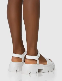 Public Desire Athens Patent Round Toe Chunky Flat Sandals White New