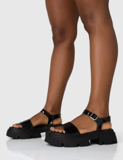 Public Desire Athens Patent Round Toe Chunky Flat Sandals Black Discount