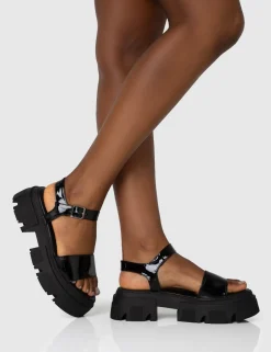 Public Desire Athens Patent Round Toe Chunky Flat Sandals Black Discount