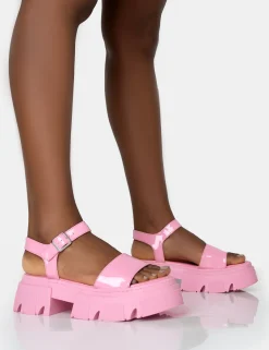 Public Desire Athens Pink Patent Round Toe Chunky Flat Sandals Best