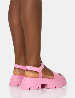 Public Desire Athens Pink Patent Round Toe Chunky Flat Sandals Best