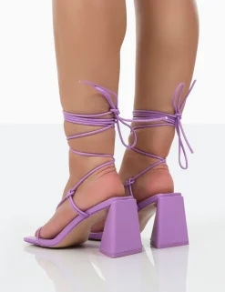 Public Desire Atlas Patent Square Toe Lace Up Flared Mid Block Heeled Sandals Purple Cheap