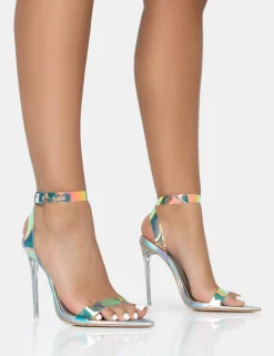 Public Desire Azure Iridsecent Holographic Barely There Pointed Toe Stiletto Heels Silver Clearance