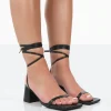 Public Desire Babeass Pu Sqaure Toe Lace Up Block Mid Heeled Sandals Black Outlet