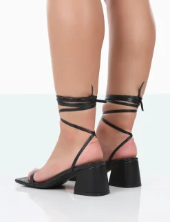 Public Desire Babeass Pu Sqaure Toe Lace Up Block Mid Heeled Sandals Black Outlet