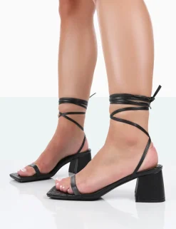 Public Desire Babeass Pu Sqaure Toe Lace Up Block Mid Heeled Sandals Black Outlet